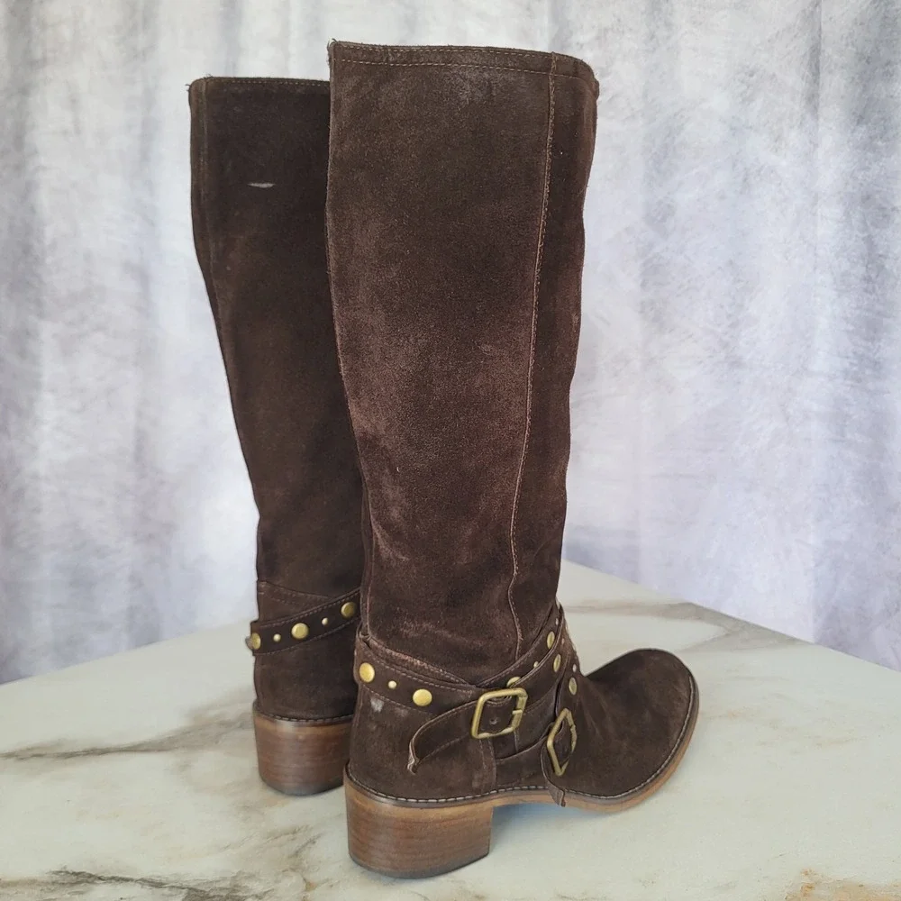 Barneys New York Suede Boots Knee High Biker Women's 36 Studded Buckle